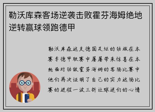 勒沃库森客场逆袭击败霍芬海姆绝地逆转赢球领跑德甲